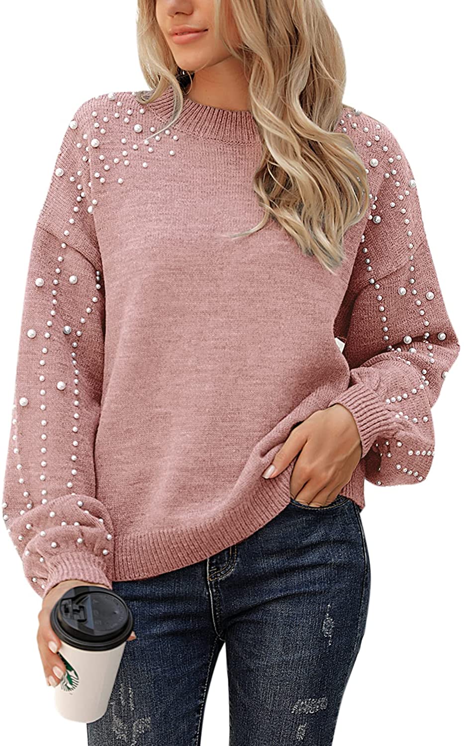 Blooming Jelly Women's Chunky Sweater Crewneck Sweatshirt Knit Lantern Sleeve Oversized Pullover Sweater with Pearls 