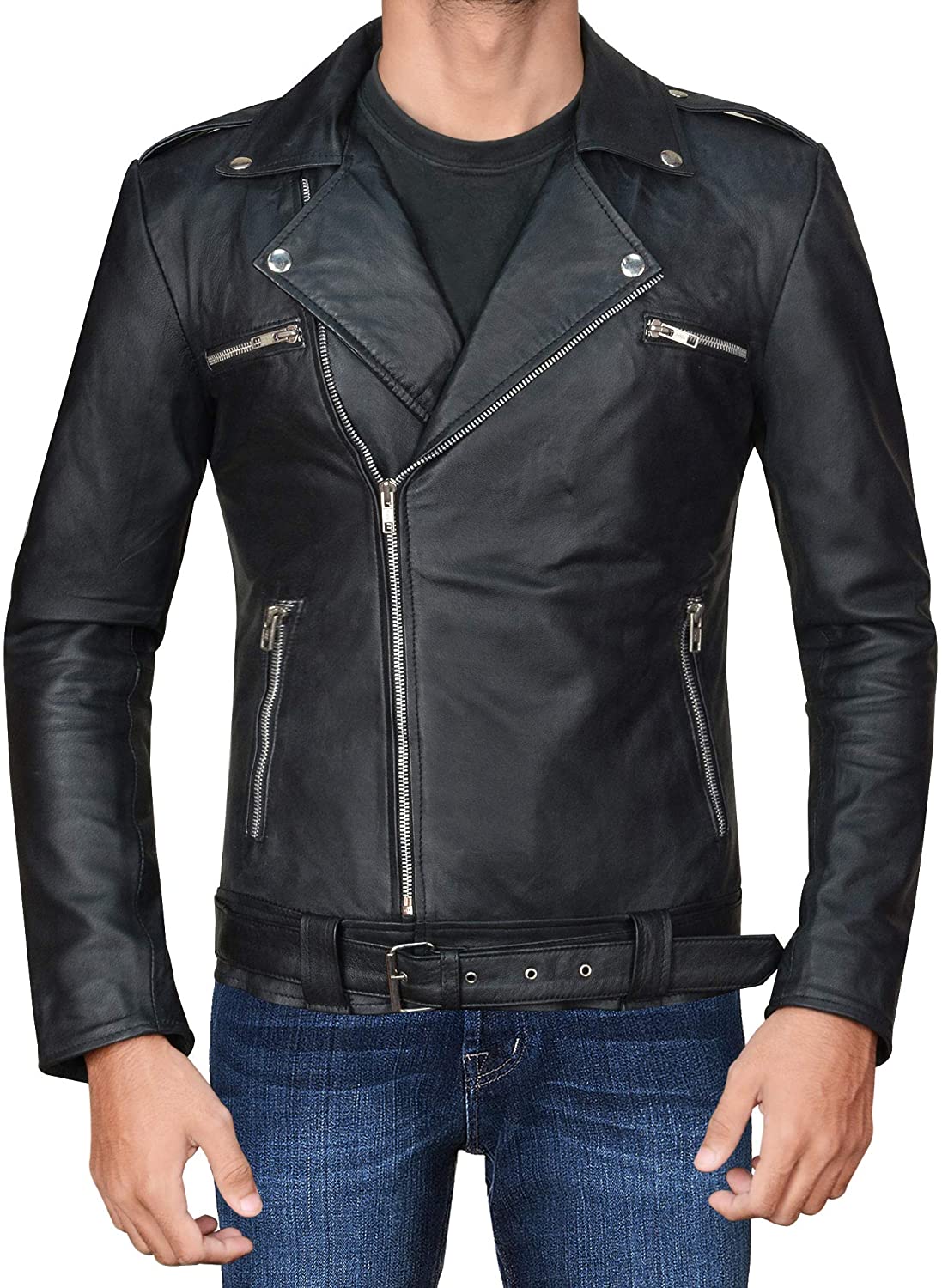 III-Fashions Mens Negan Walking S7 Brando Jeffrey Dean Morgan Black Motorcycle Leather Biker Jacket 