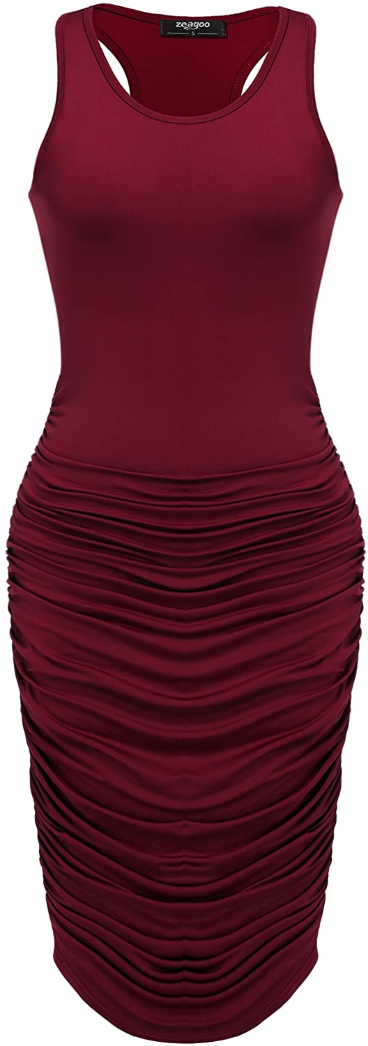 Zeagoo Ruched Bodycon Dress for Women, Midi Stretchy Sleeveless Tank Dress S -XXL | eBay