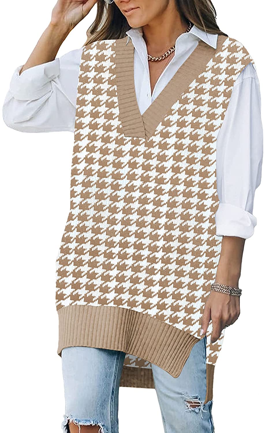 Viottiset Women's Oversized V Neck Knit Sweater Vest Tunic Sleeveless  Pullover Top