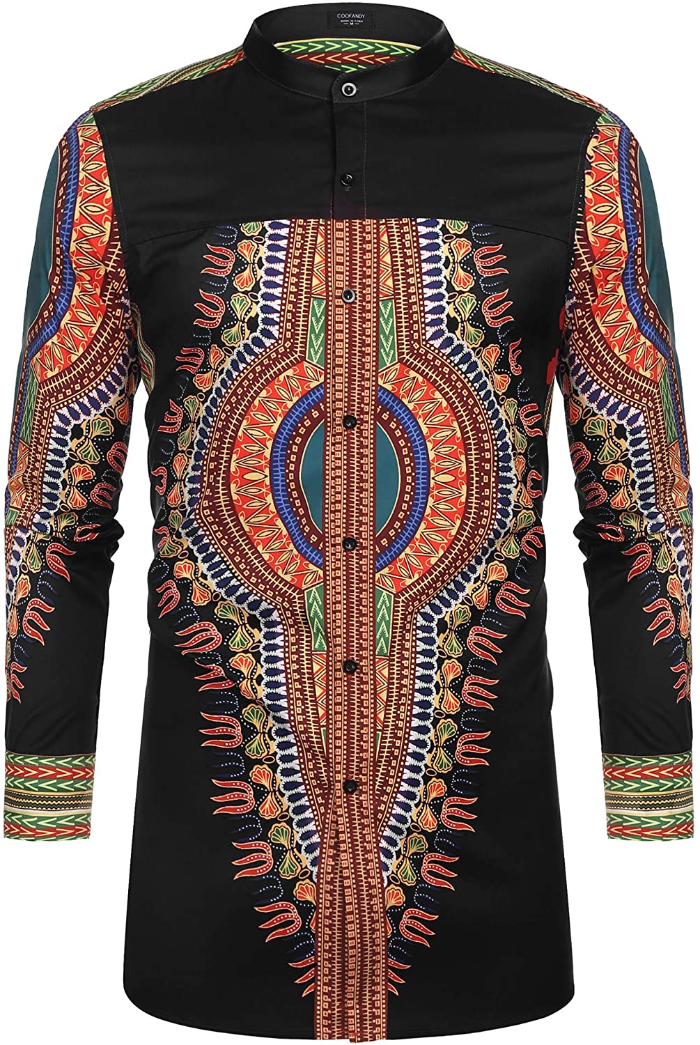 Zimaes-Men Floral Print Long Sleeve African Buttoned Dashiki T-Shirts 