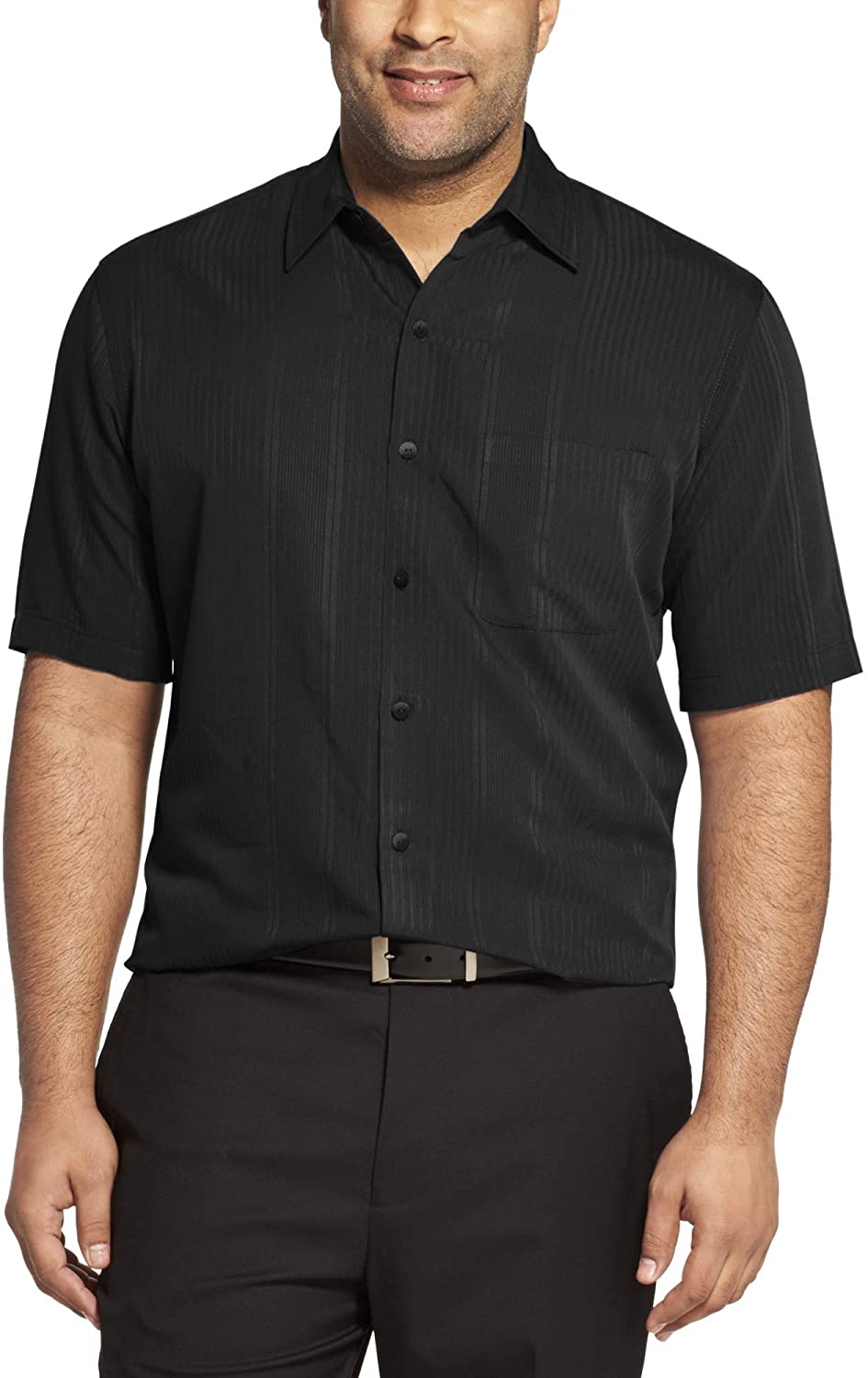  Van Heusen Men's Air Short Sleeve Button Down Poly Rayon Stripe  Shirt, BLACK LEGACY 2, Medium : Clothing, Shoes & Jewelry