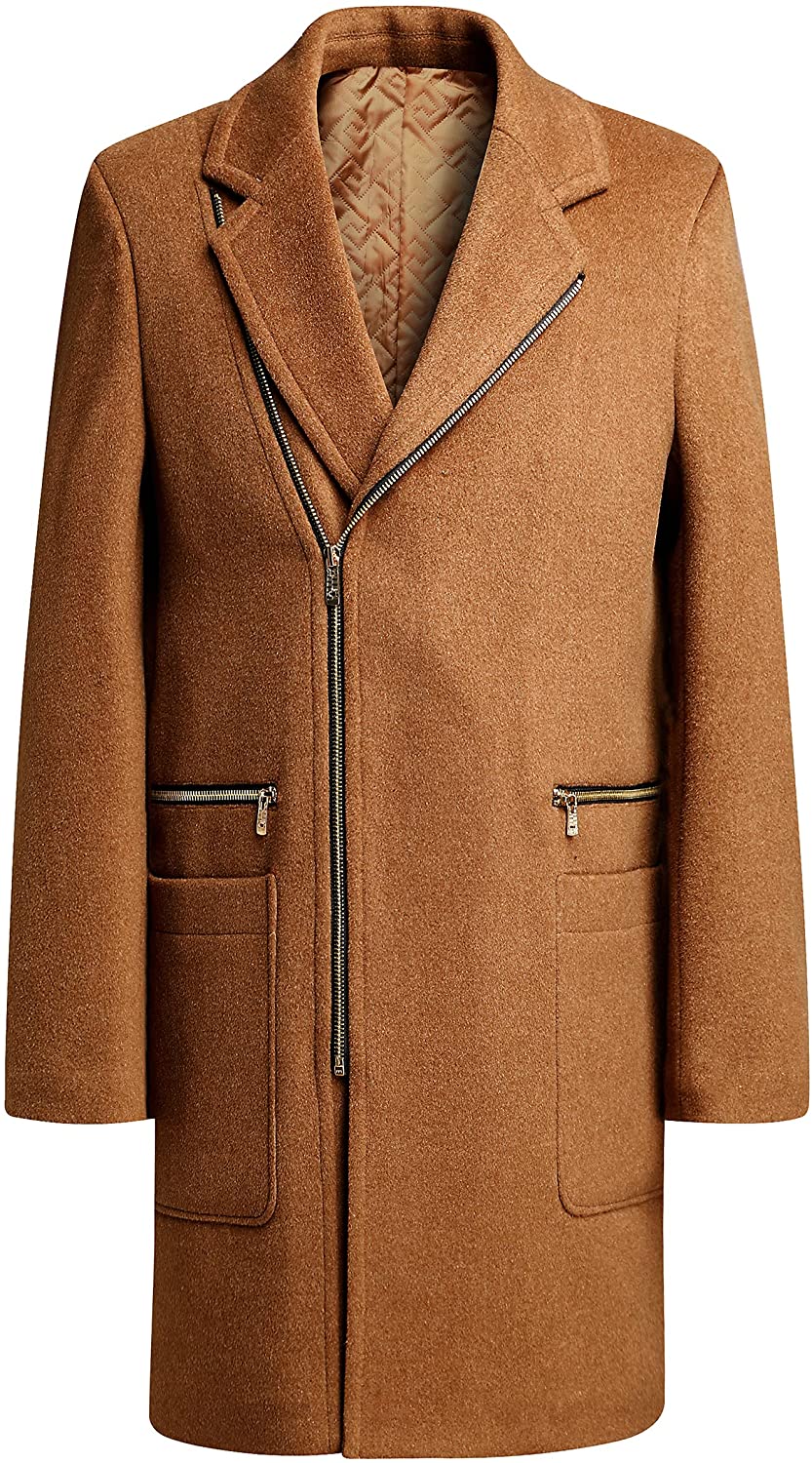 PRIJOUHE Men's Wool Coat Hoodie Long Trench Coat Cotton Casual Woollen  Overcoat