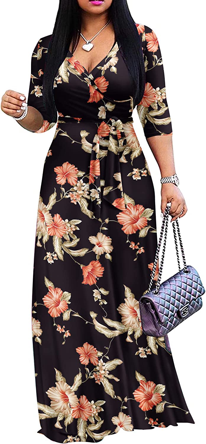 FANDEE Plus Size Maxi Dress for Women Casual Summer Sundress V-Neck 3/4  Sleeve