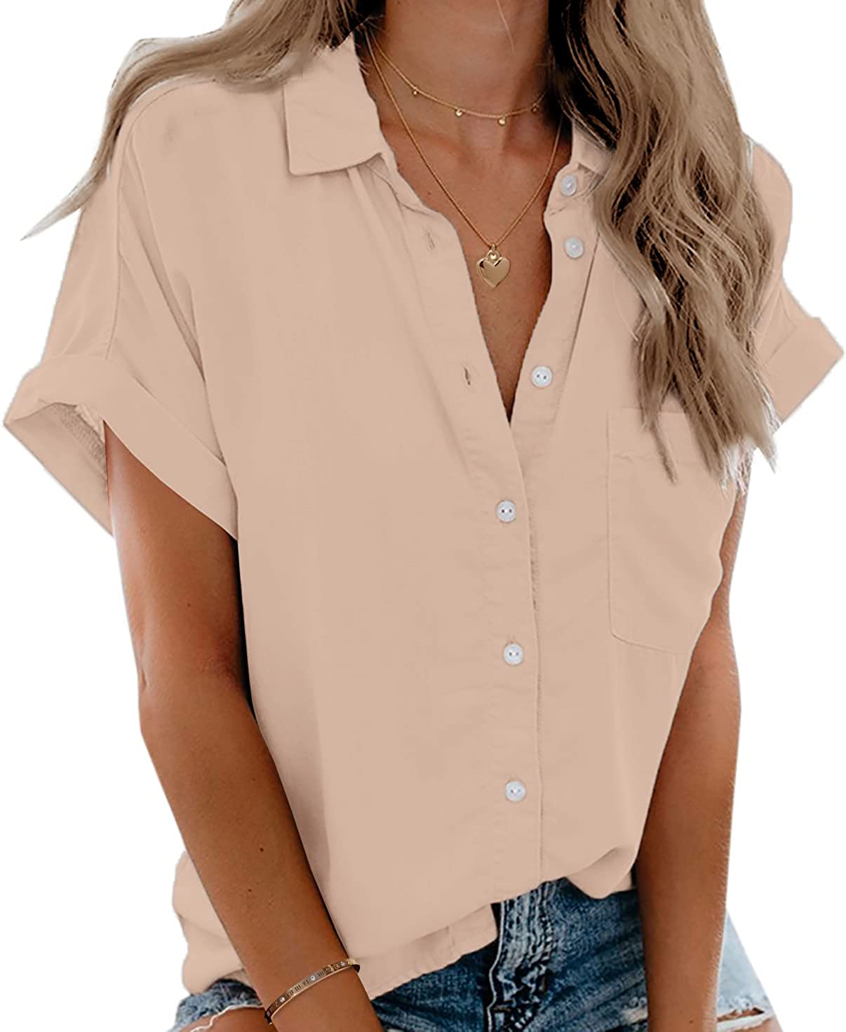 Beautife Womens Short Sleeve Shirts V Neck Collared Button Down Shirt Tops  with