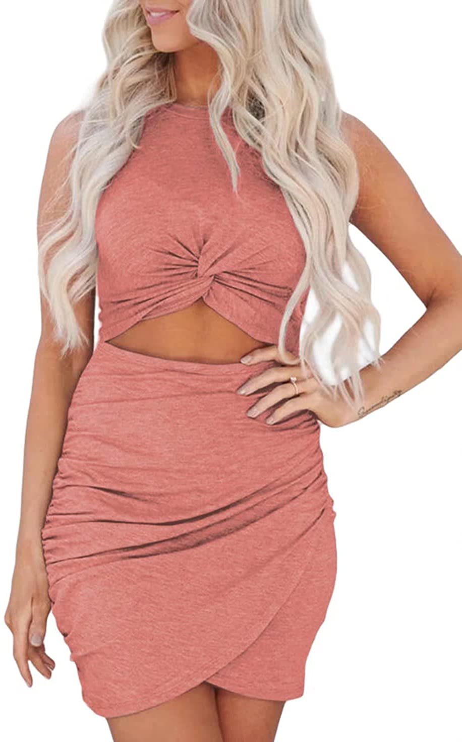 Womens Hollow Out Twist Bodycon Dress Summer Sleeveless Short Mini Dresses