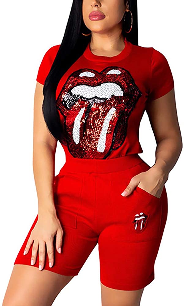 THLAI Womens Fall 2 Piece Outfits Lips Print Zipper Crop Tops Skinny Pants Long Two Piece Outfits Sets 