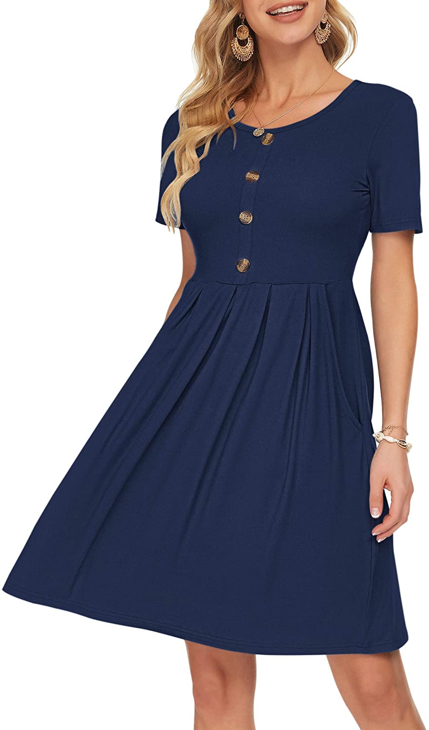 AUSELILY Women's Short Sleeve Pleated Loose Swing Casual Dress with Pockets  Knee | eBay