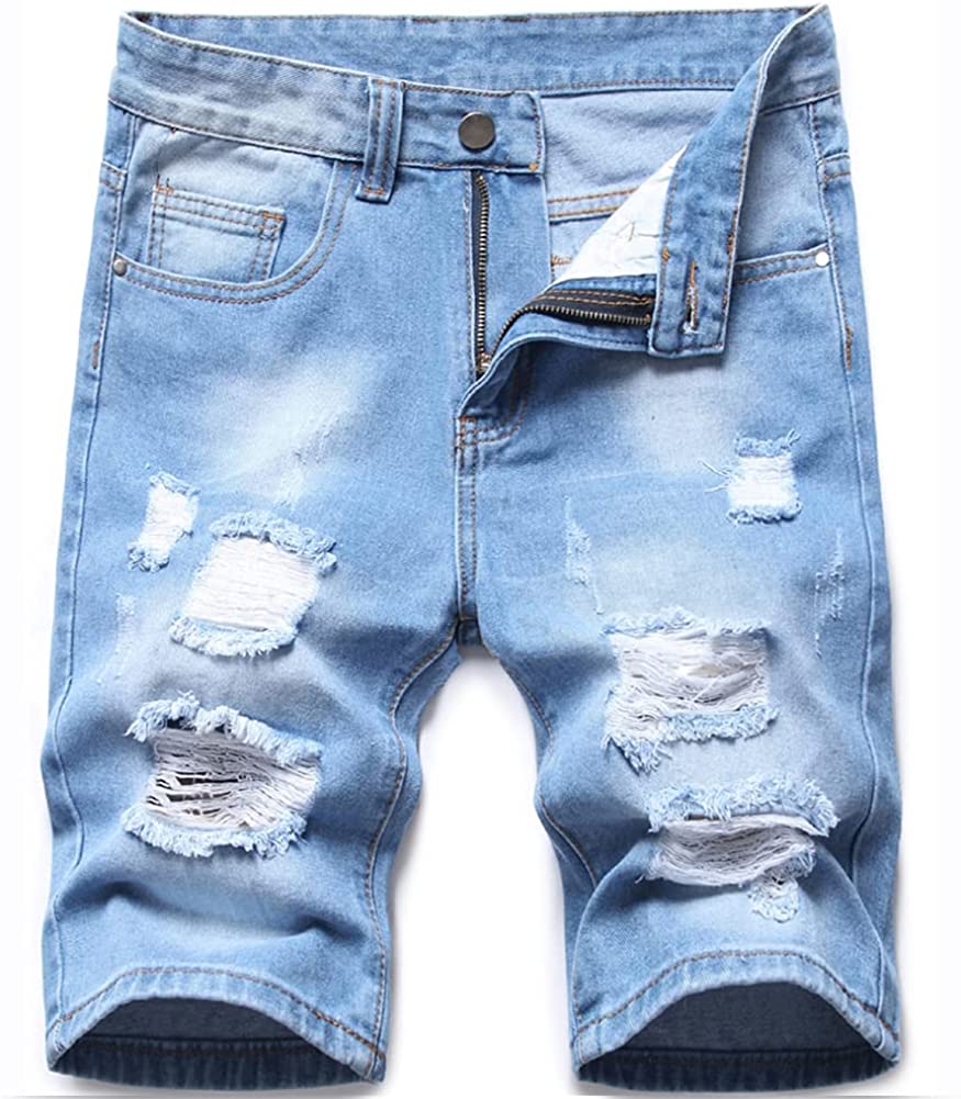 DANT BULUN Men's Distressed Slim Fit Fashion Ripped Short Jeans Casual Denim Shorts with Hole 