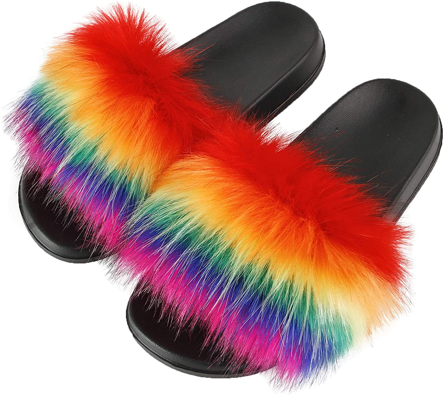 Hangrui Women's Faux Fur Slides Open Toe Cute Fur Slippers Comfortable Fur Sandals With Fluffy Fur 