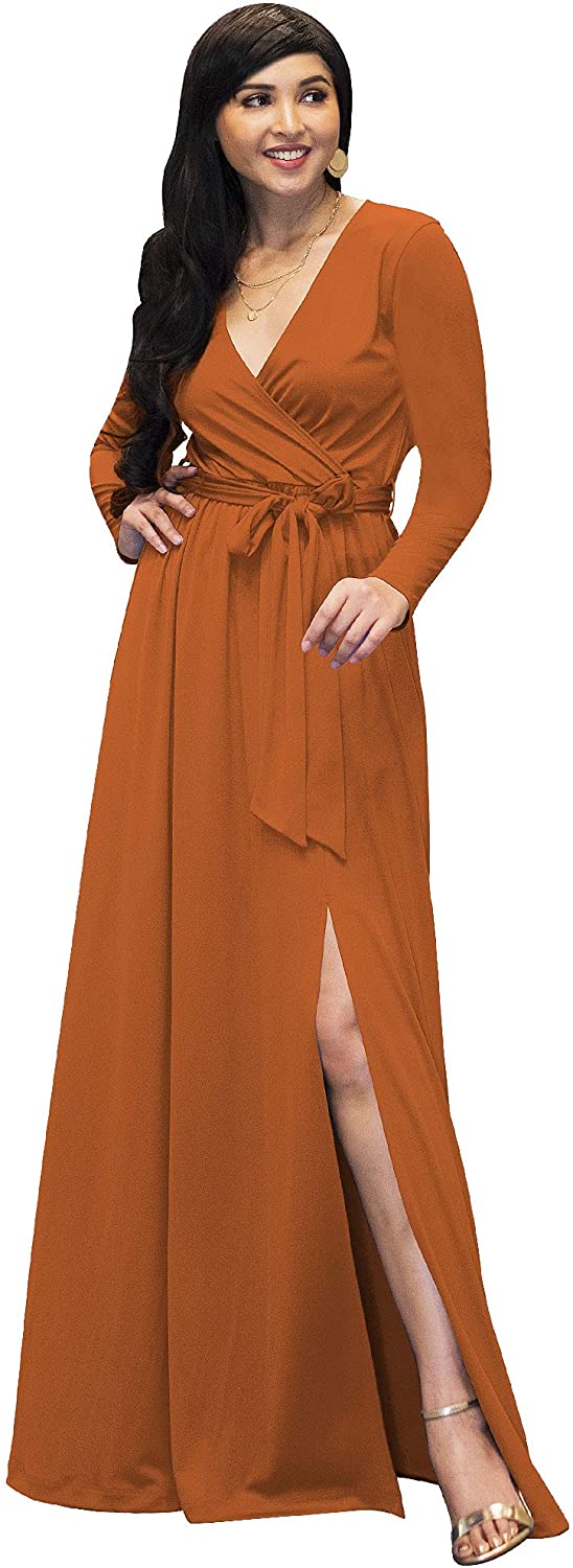 KOH KOH Womens Long Sleeve V-Neck High Slit Cocktail Evening Gown