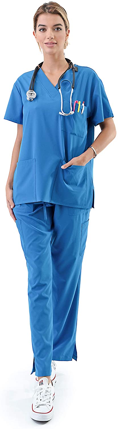Women's Medical Uniform Scrubs Set 4 Way Stretch 8 Pocket V-Neck Top with Drawstring Pants Nursing Dental 