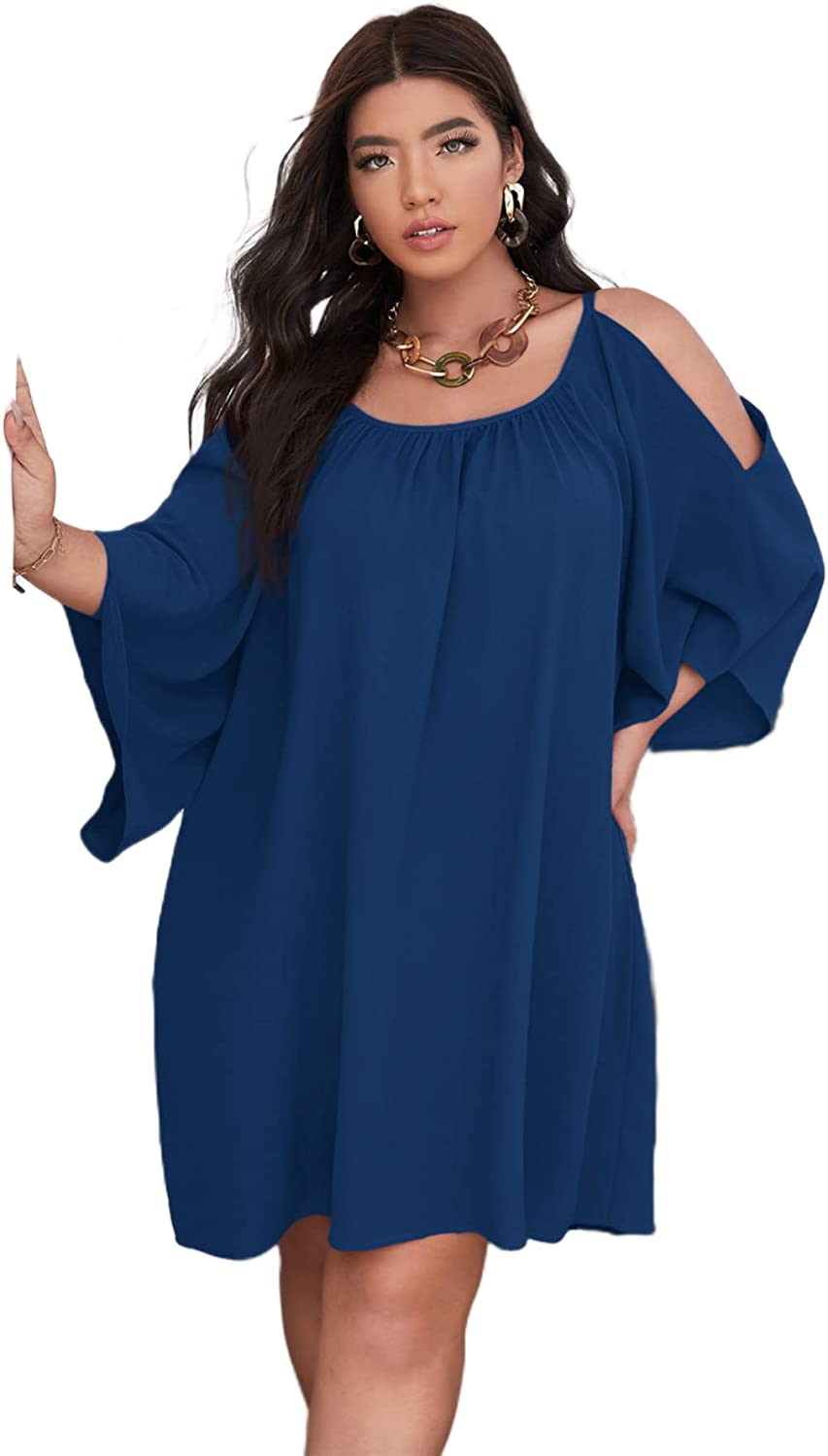 SOLY HUX Women Plus Size Casual Summer Dress Cold Shoulder 3/4