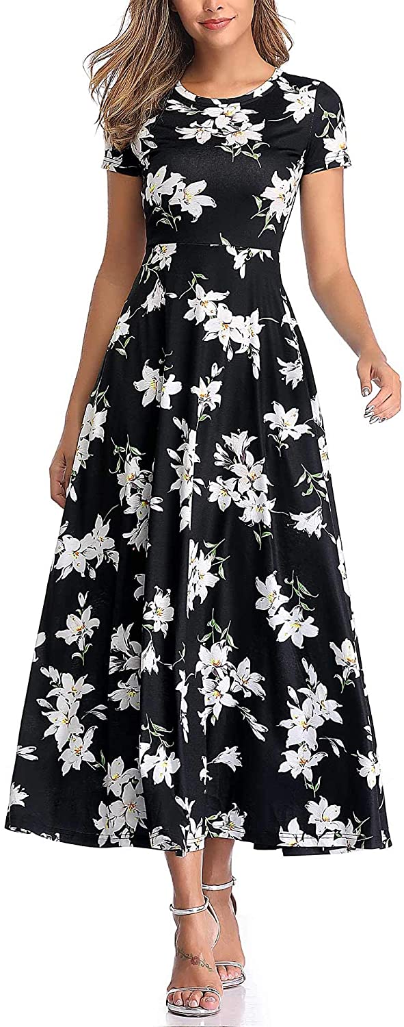 ZABERRY Women's Short Sleeve Round Neck Casual Summer Flowy Maxi Dresses  with Po | eBay