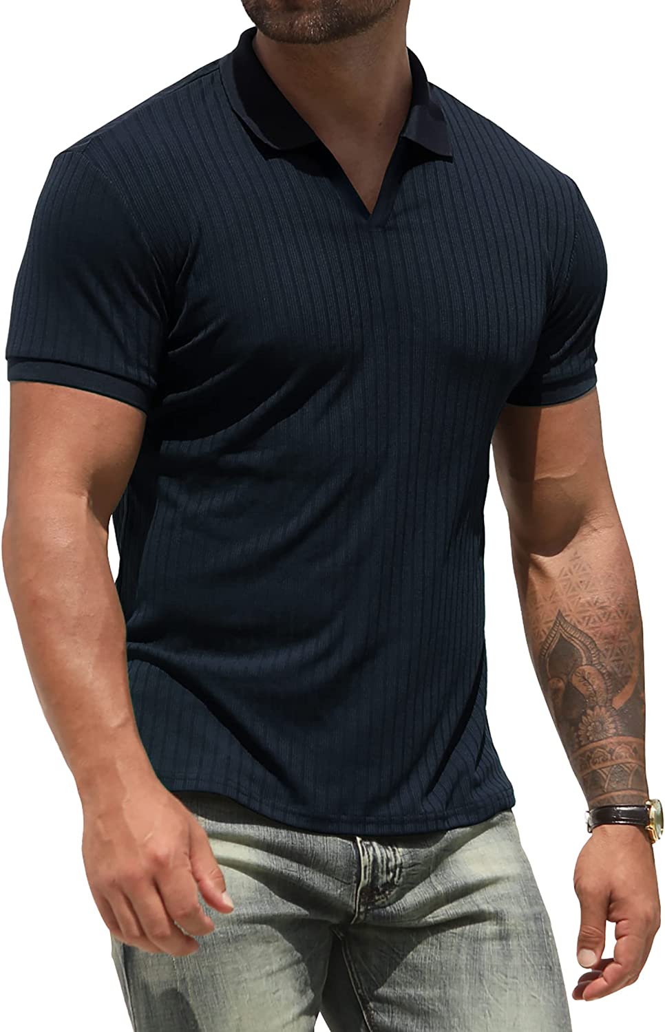 NITAGUT Polo Shirts for Men V Neck Slim Fit Short Sleeve