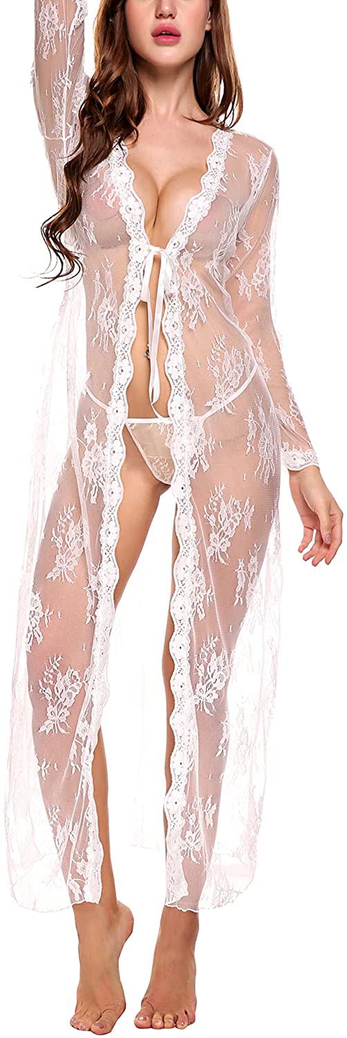 Lingerie for Women Sexy Long Lace Dress Sheer Gown See Through Kimono Robe  : : Clothing, Shoes & Accessories