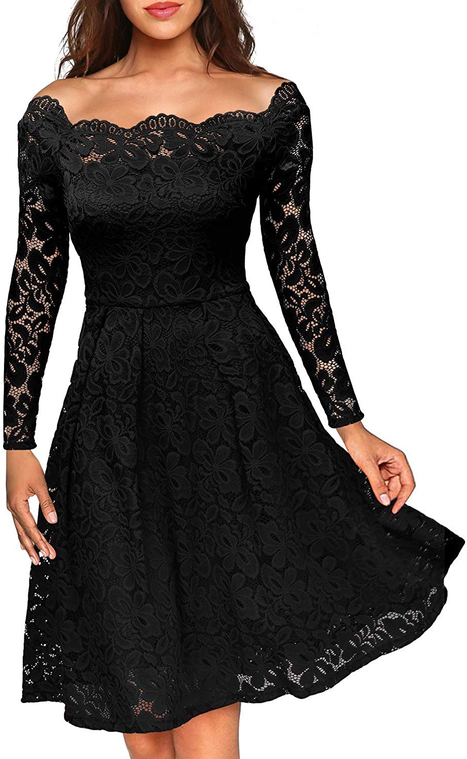 MISSMAY Women's Vintage Floral Lace Long Sleeve Boat Neck Cocktail Party  Swing D | eBay