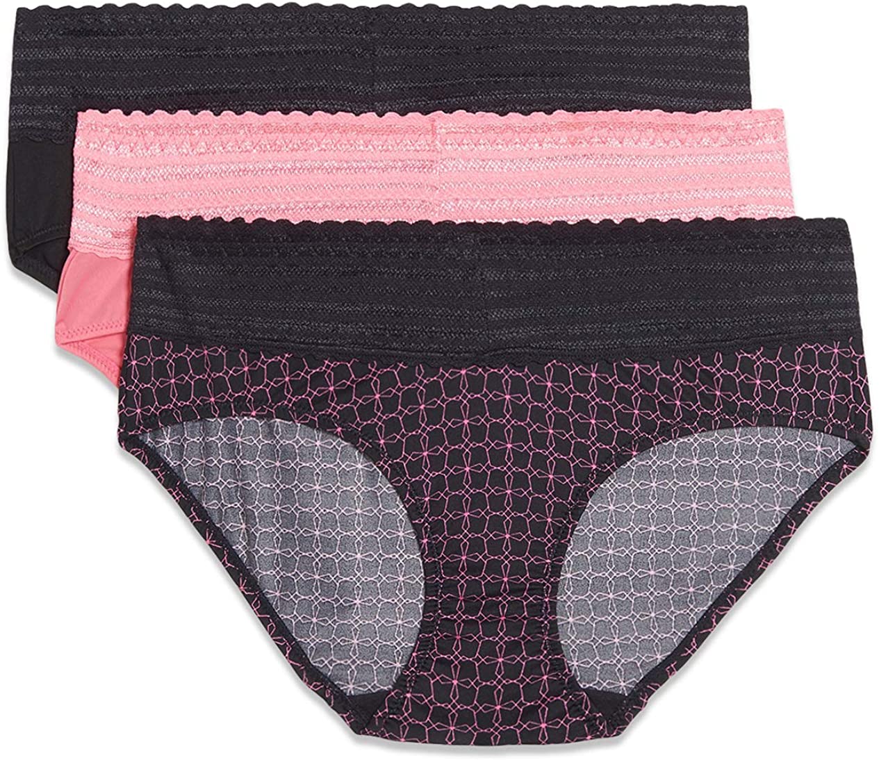 Warners Women's Blissful Benefits No Muffin Top 3 Pack Lace Hipster  Panties, Black/Flamingo Pink/Miami Pink Octagon, S : : Clothing,  Shoes & Accessories