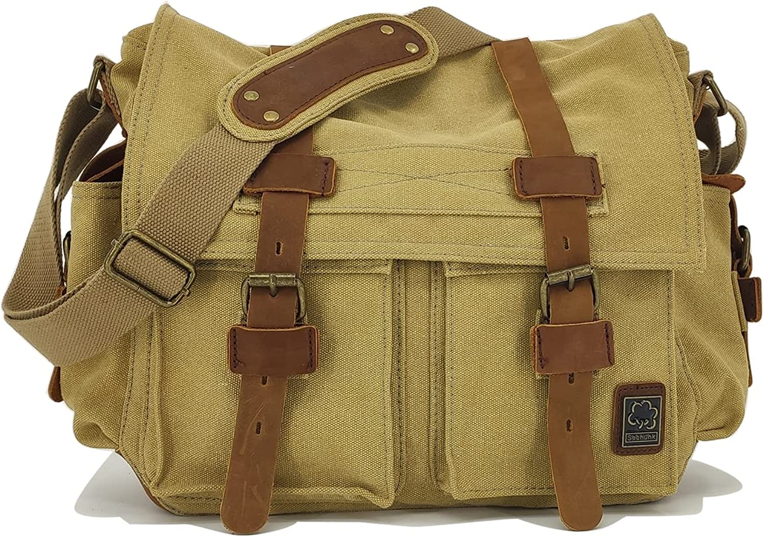 SYCNB Messenger Bag for Men,Water Resistant Unisex Canvas Shoulder Bag,Vintage Military Crossbody Bag,14 inch Laptop Bag, Adult Unisex, Size: Small, Bronze