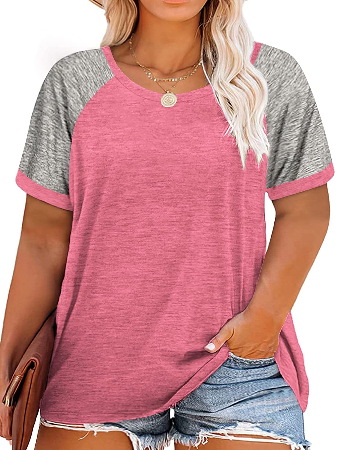 AURISSY Womens Plus-Size Tops Raglan Short Sleeve T Shirts Color Block Tee 