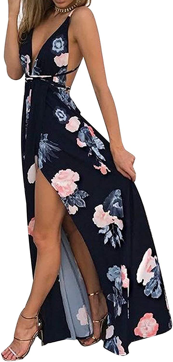 BerryGo Women's Sexy Deep V Neck Backless Floral Print Split Maxi