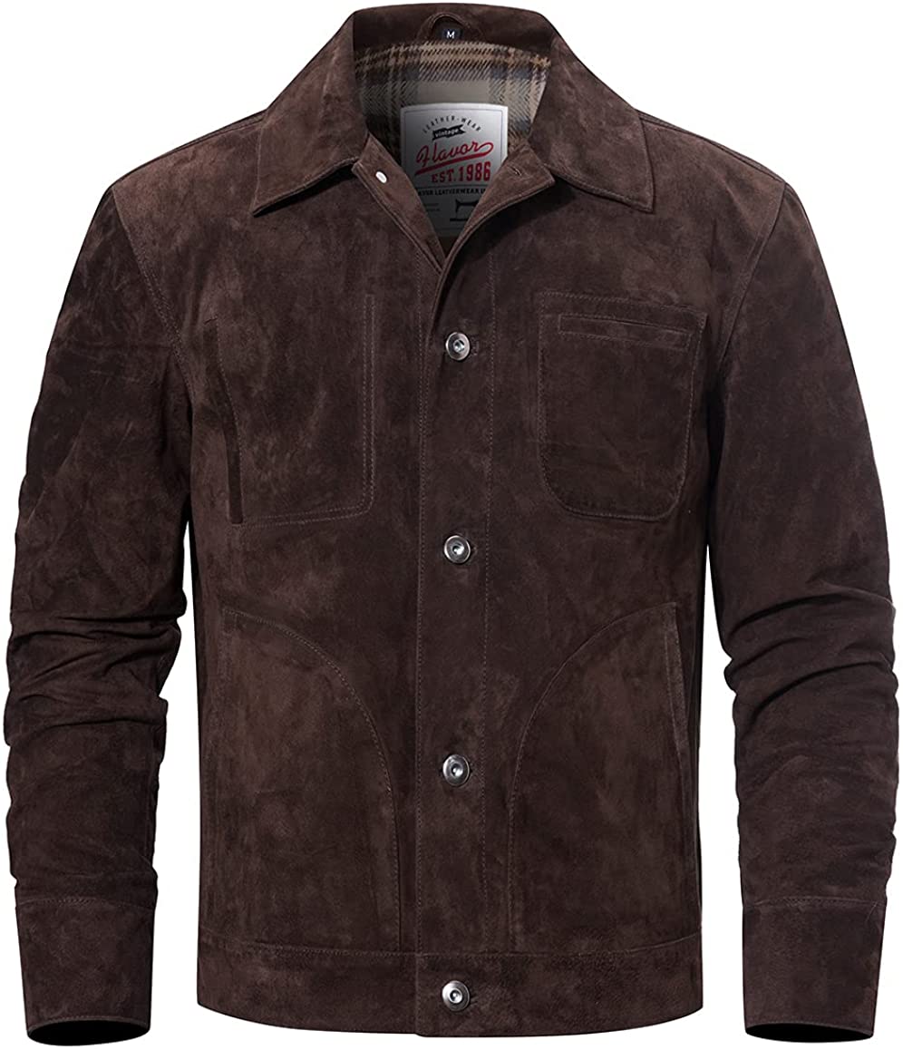 FLAVOR Men's Suede Genuine Leather Jacket Trucker Coat
