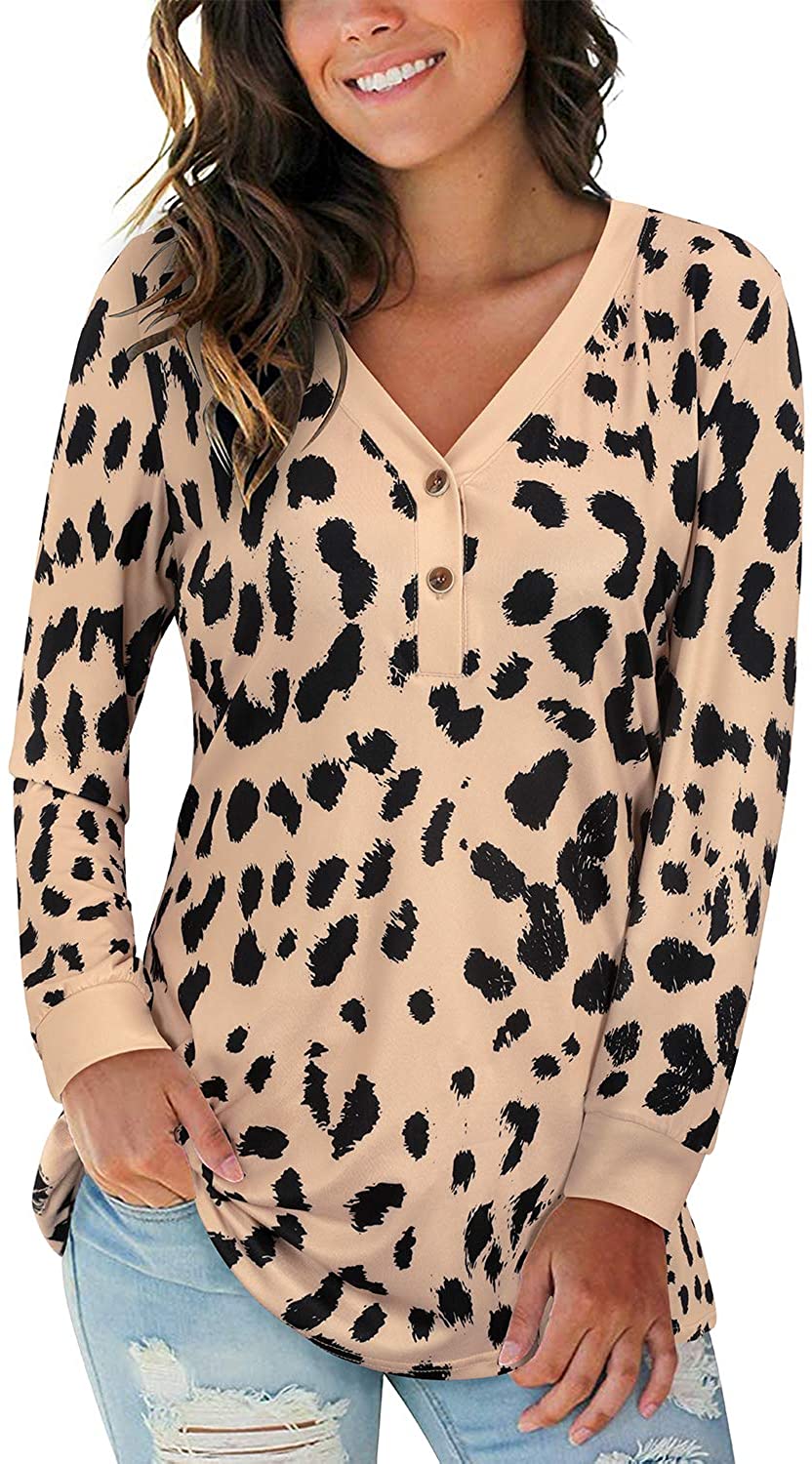 VENCANN Womens Casual Deep V Neck Leopard Print Long Sleeve Top