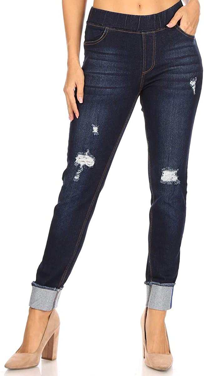 Women's Stretch Pull-On Skinny Ripped Distressed Denim Jeggings