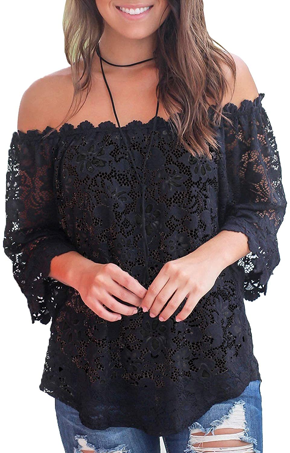 MIHOLL Lace Off Shoulder Tops Casual Loose Blouse Shirts | eBay
