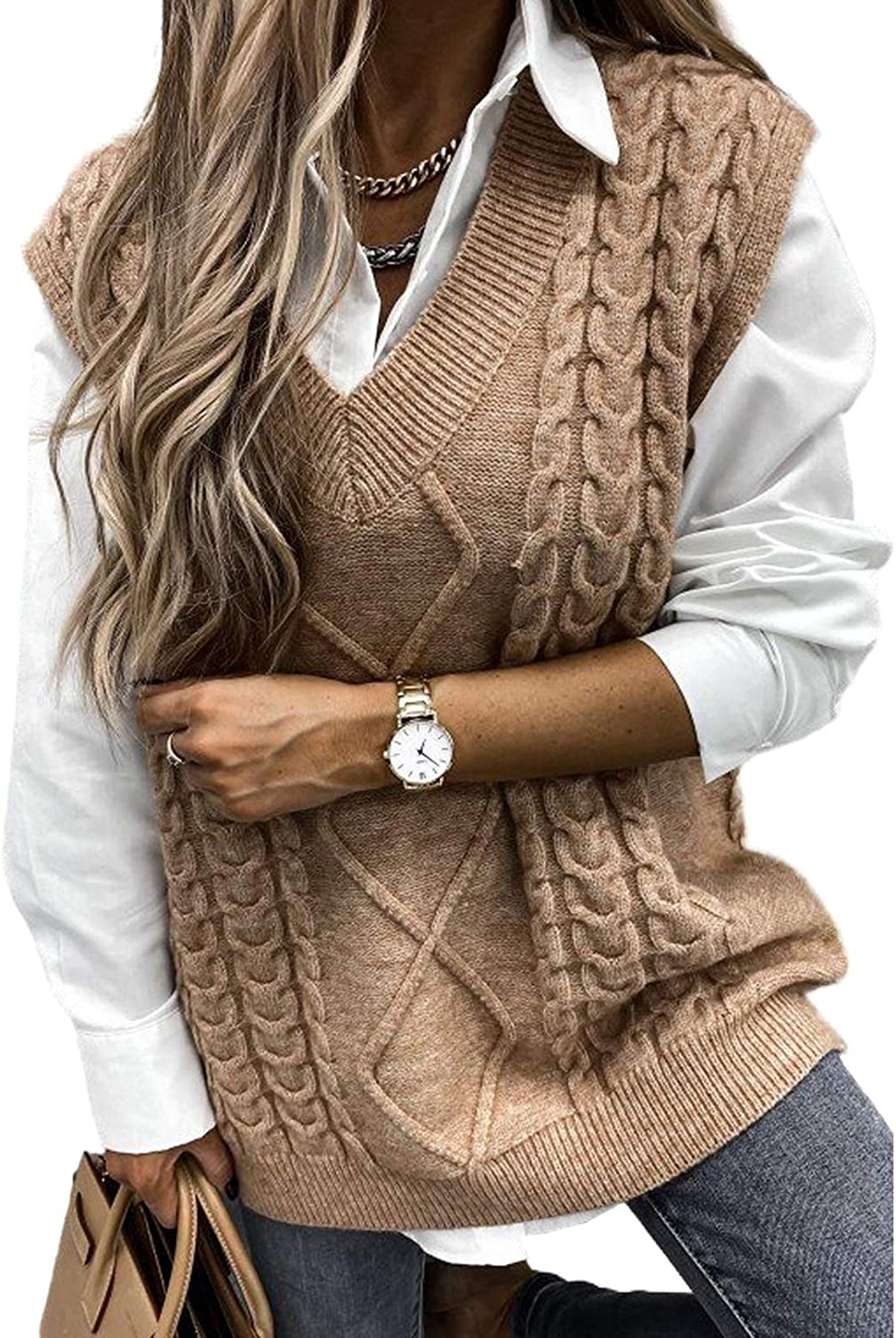 YUESUO Sweater Vest Women Oversized Houndstooth V Neck Pullover Casual Vintage Sleeveless Knitted Tops. 