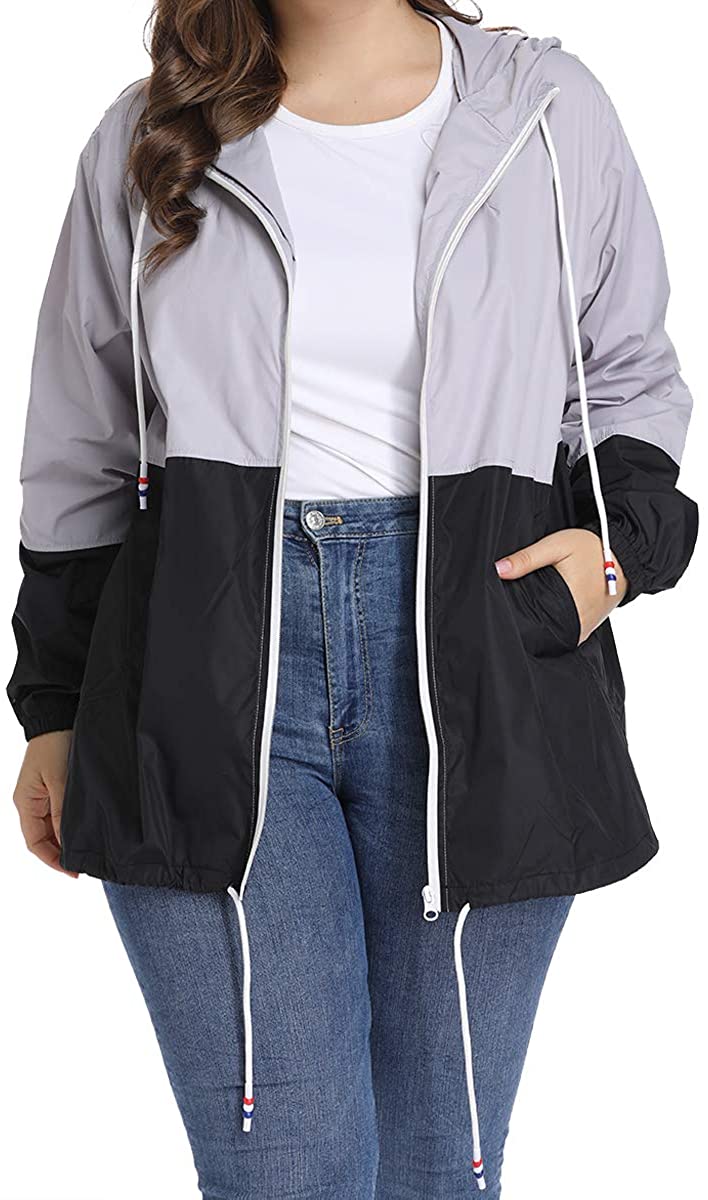 kacocob Women's Plus Size Rain Jacket Lightweight Hooded Rain Coat Windbreaker