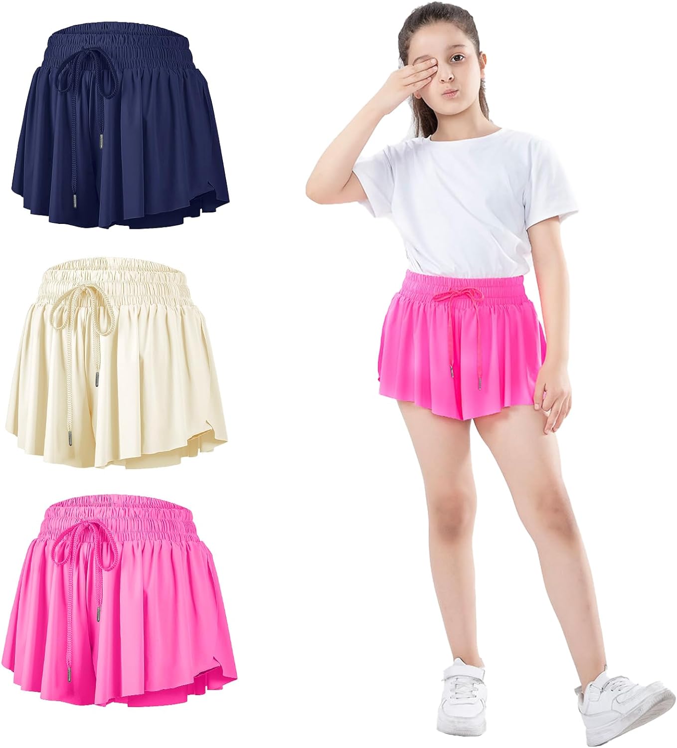 3 Pack Girls Flowy Shorts with Pockets, 2-in-1 Youth Flowy Butterfly Skirts  Runn