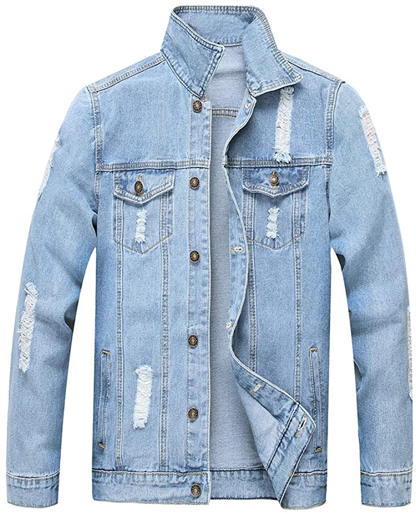 LZLER Jean Jacket for Men Classic Ripped Slim Denim Jacket with Holes 