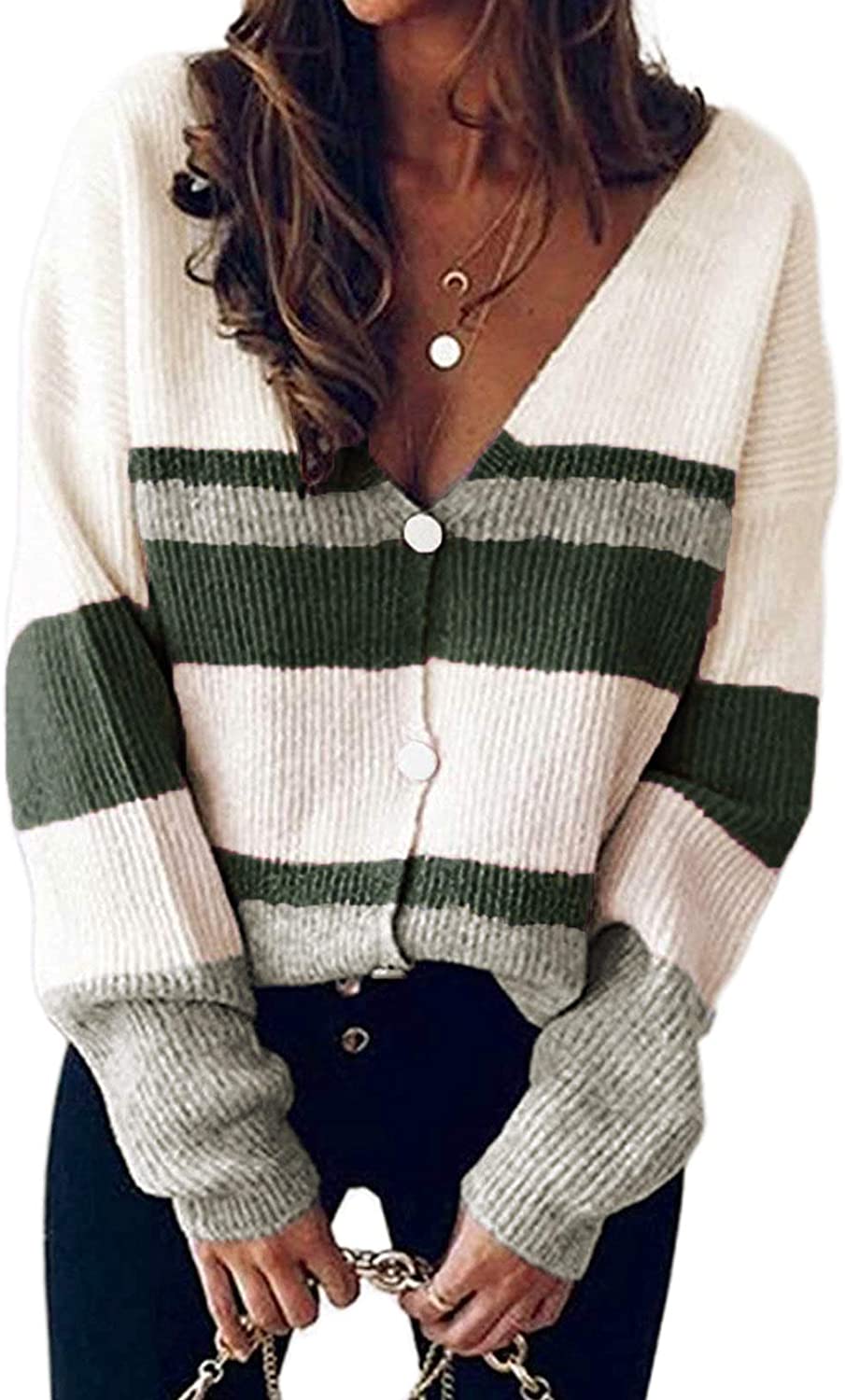 Asvivid Womens Striped Open Front Long Cardigans Casual Color Block Knit Sweater Fall Coat 