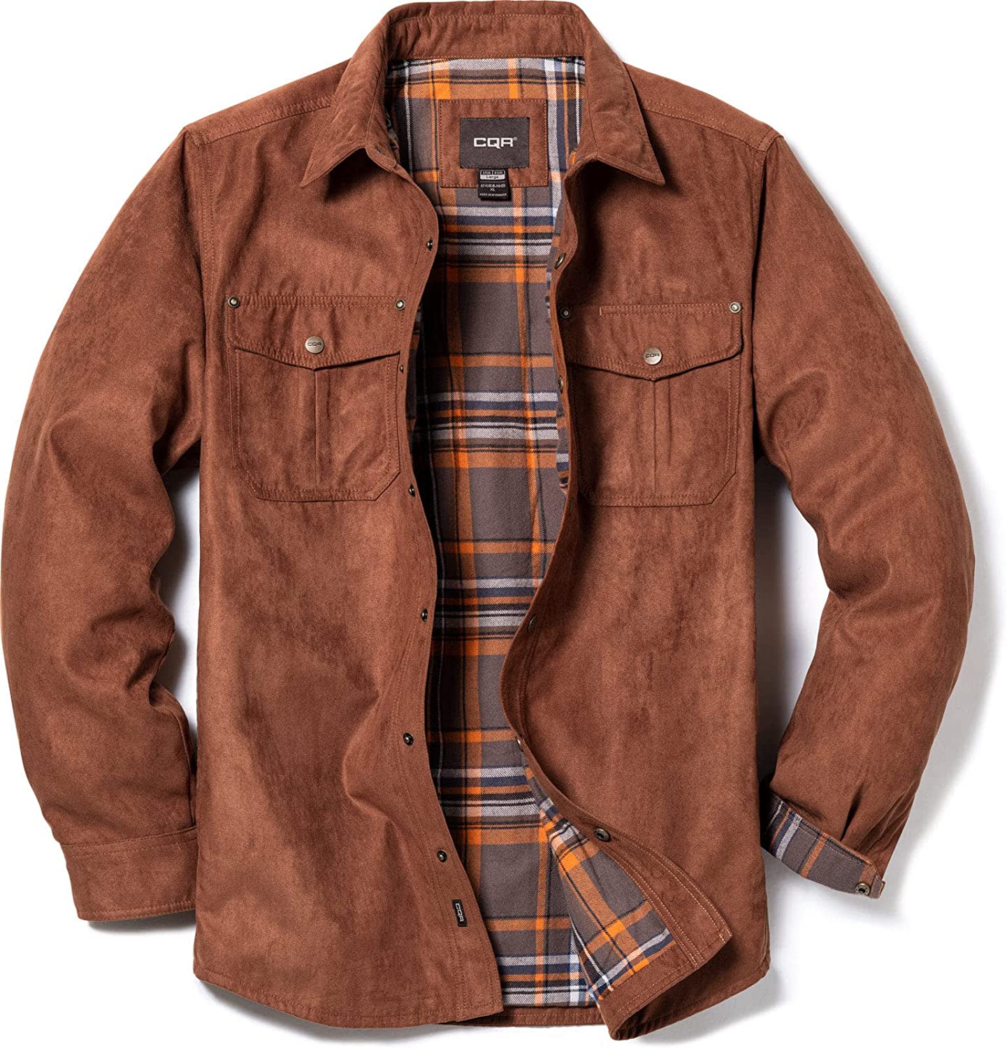 CQR Men's Flannel Lined Shirt Jackets Long Sleeved Rugged Plaid Cotton Brushed Suede Shirt Jacket 
