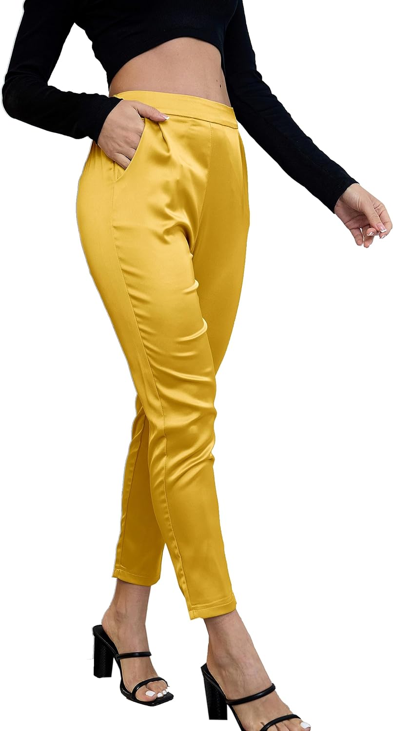 Women's Silky Satin Wedding Dressy Casual Elastic Waist Pants Party Club  Wear Trousers Black at  Women's Clothing store