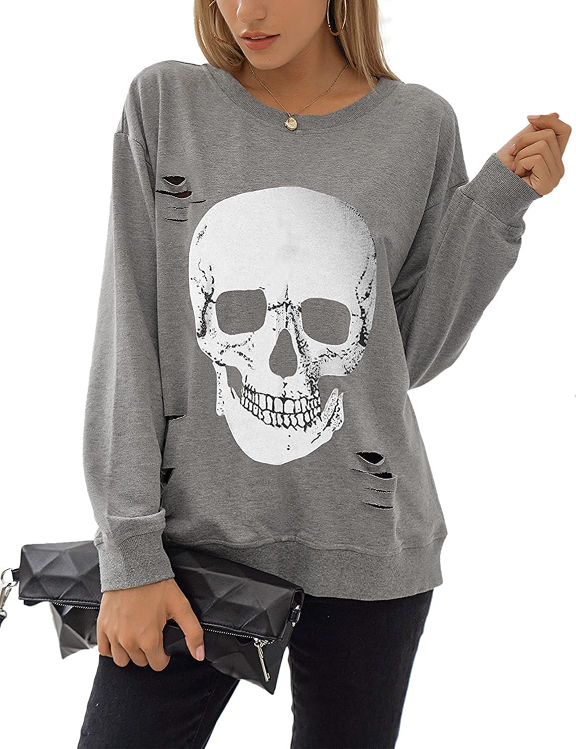 Blooming Jelly Women's Crewneck Sweatshirt Skull Graphic T Shirts Long  Sleeve To | eBay