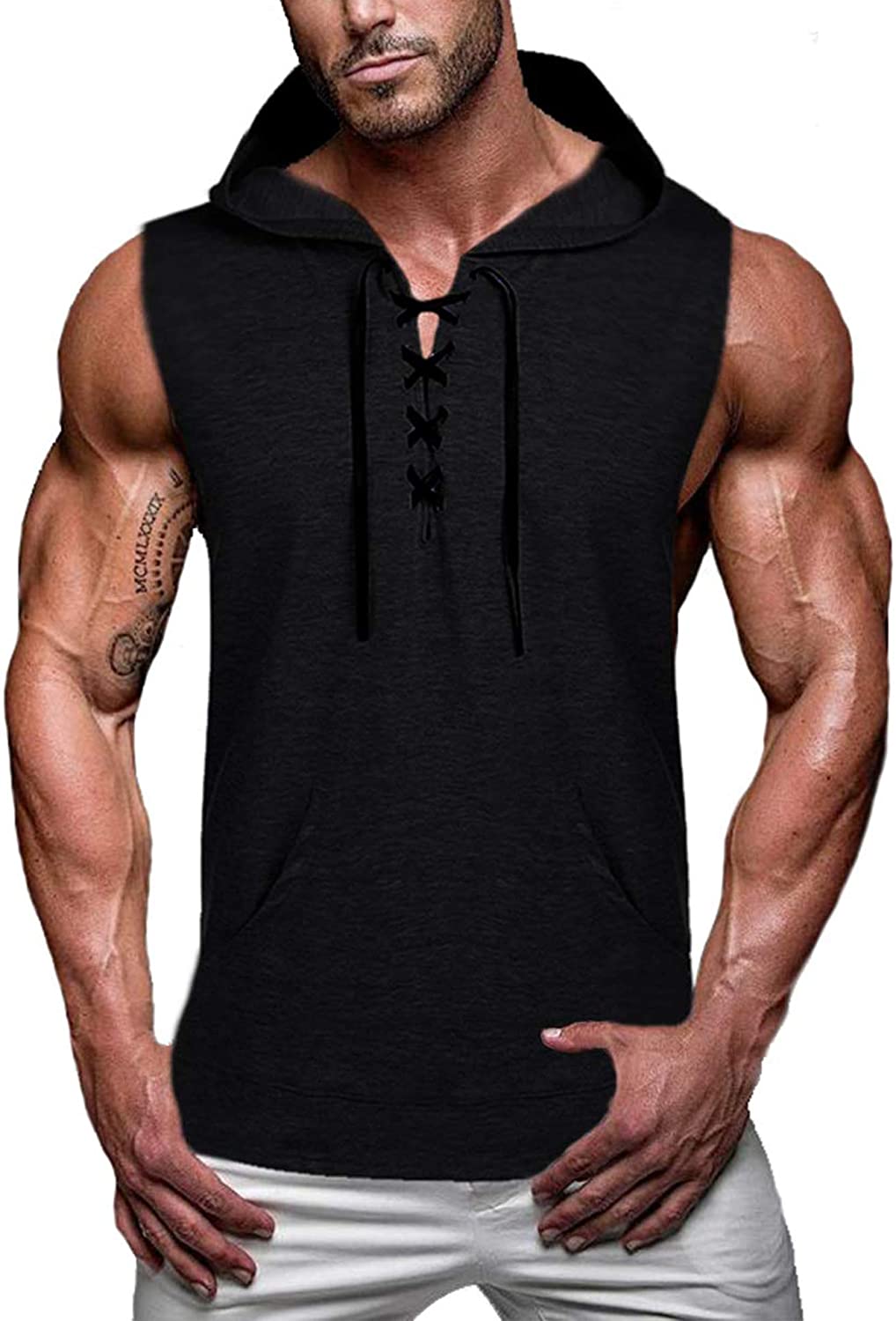 COOFANDY Men's Workout Hooded Tank Tops Gym Sleeveless Hoodie Bodybuilding Muscle Cut Off T-Shirts with Pockets 