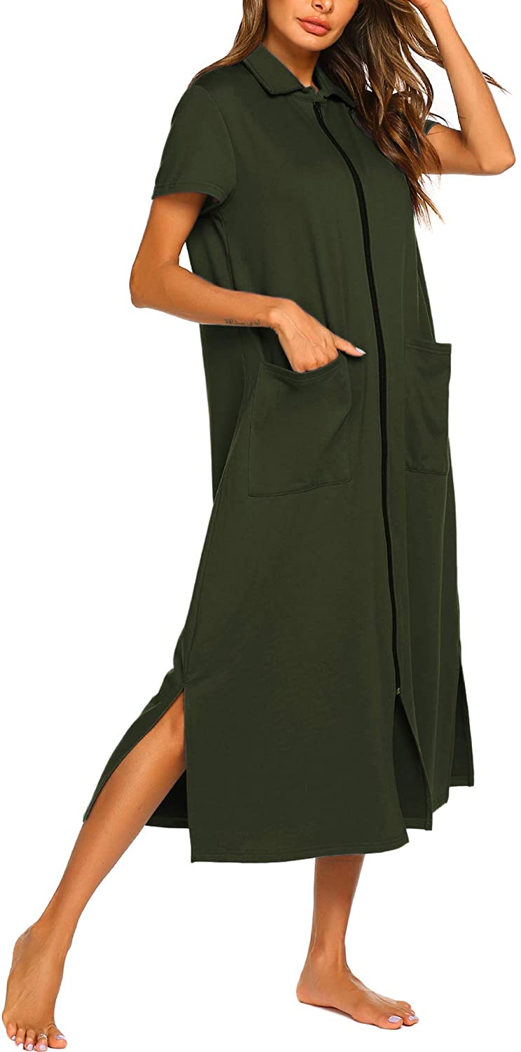 Ekouaer Women Zipper Robe Short Sleeve House Dress Full Length Sleepwear Duster