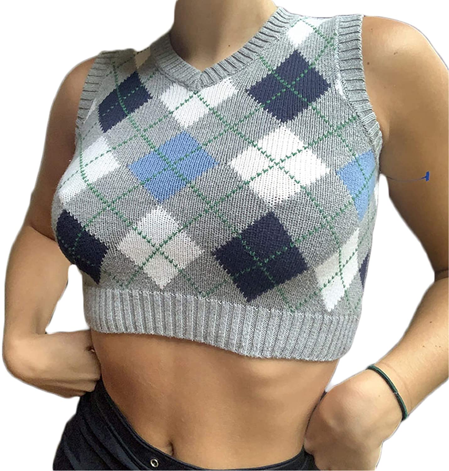 Women Sweater Vest Knitted V Neck Y2K Argyle Preppy Style Tank Top Plaid 90s E-Girls Crop Top Knitwear Streetwear