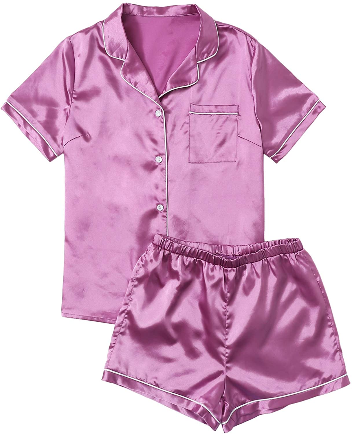 SweatyRocks Women's Short Sleeve Sleepwear Button Down Satin 2 Piece Pajama  Set