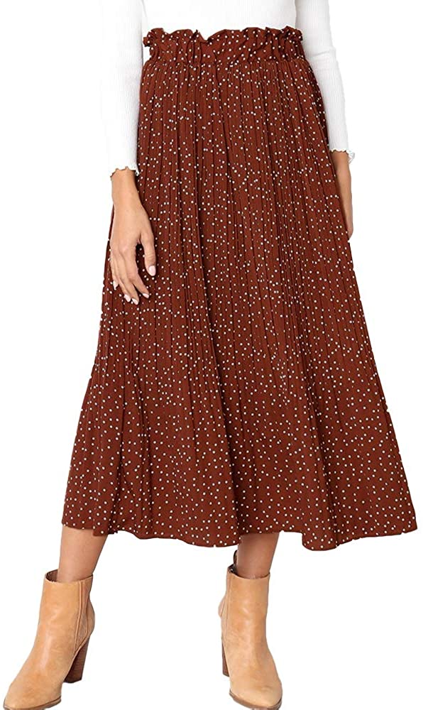 EXLURA Womens High Waist Polka Dot Pleated Skirt Midi Swing Skirt with  Pockets