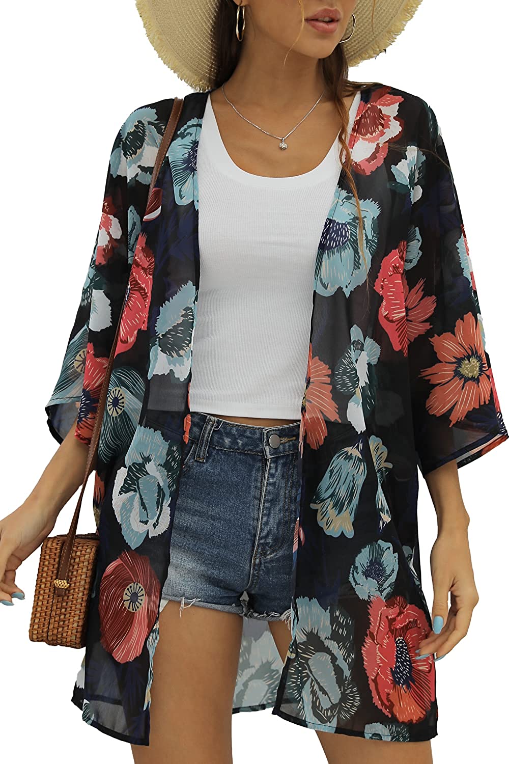 Women's Floral Print Puff Sleeve Kimono Cardigan Loose Cover Up Casual  Blouse To | eBay