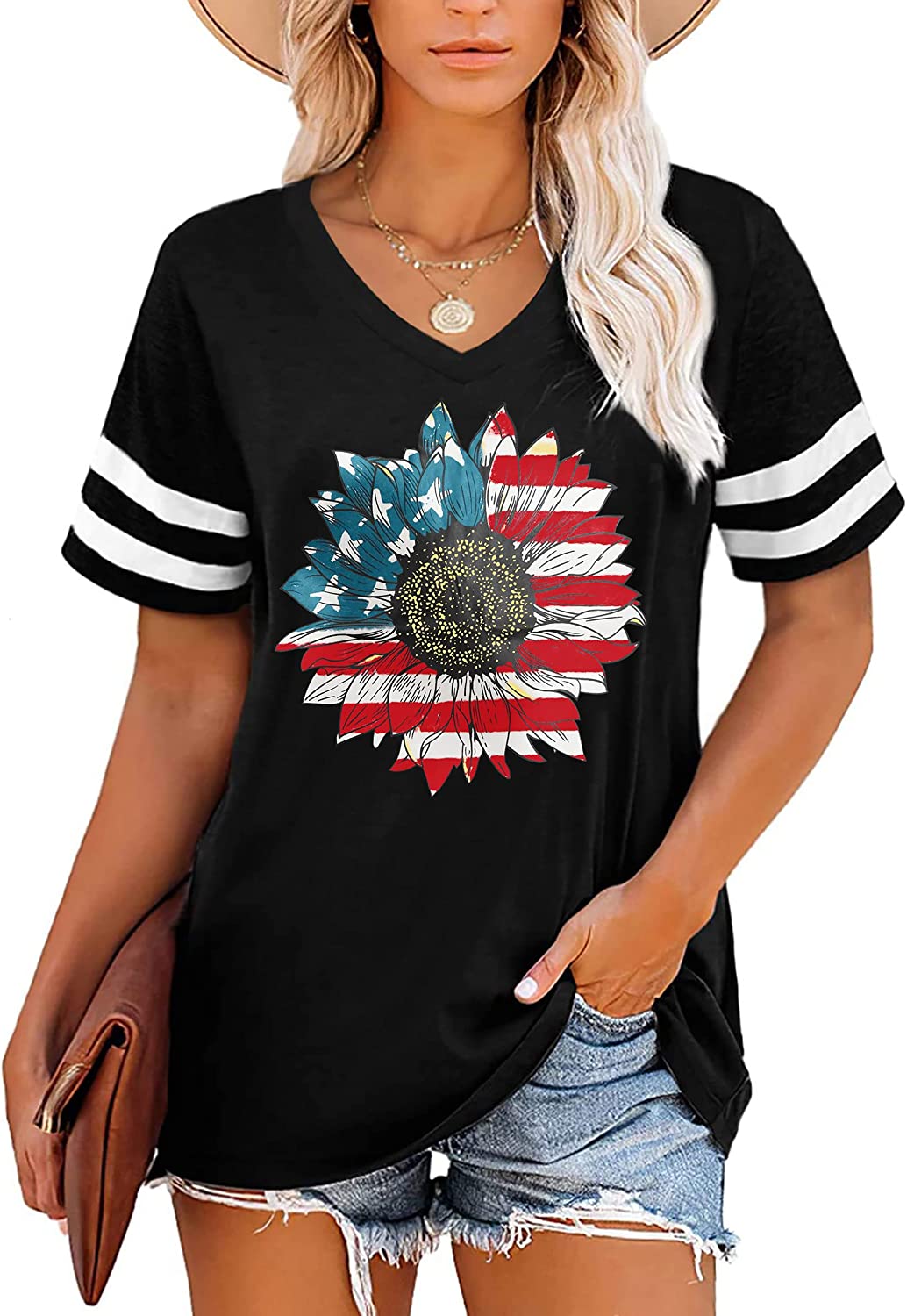 American Flag Shirts Women Patriotic Shirt 4th of July Tee Tops V-Neck ...