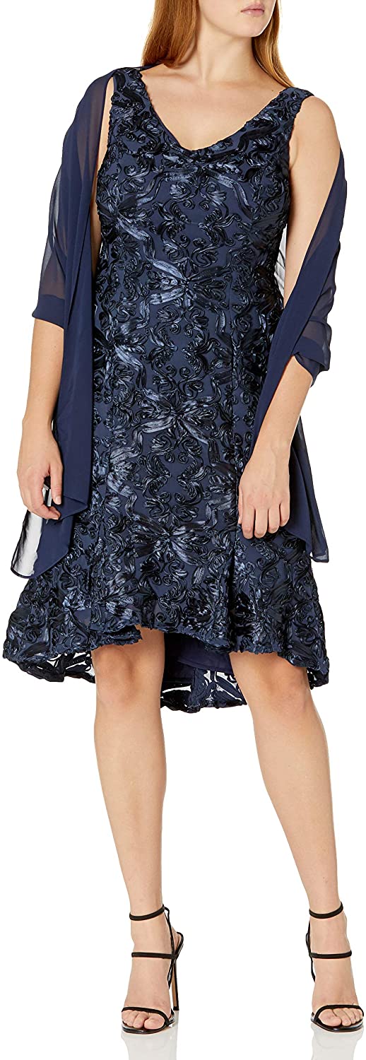 Alex Evenings Women's Tea Length Dress with Rosette Detail (Petite and  Regular)
