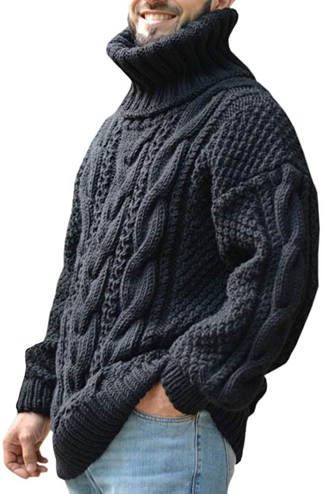 Mens Sweaters Turtleneck Cable Knitted Pullover Long Sleeve Slim
