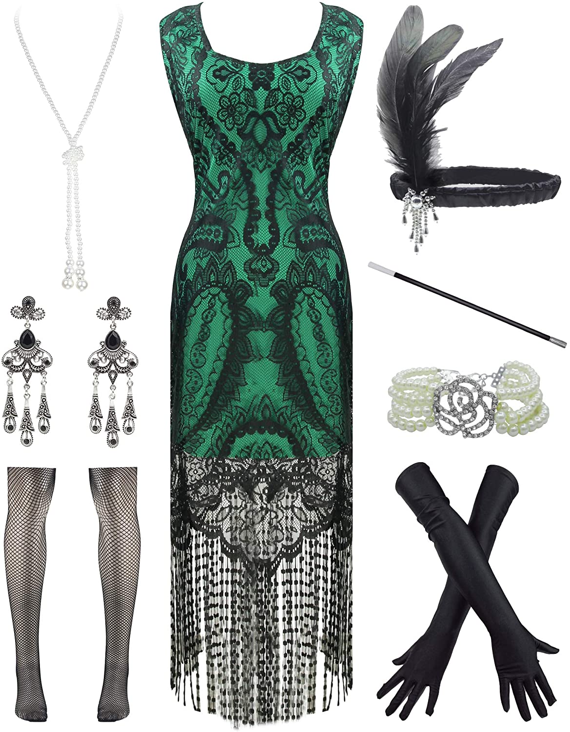 Osislon Women's 1920s Great Gatsby Flapper Fringe Cocktail Party Dress with 20s Accessories Set 