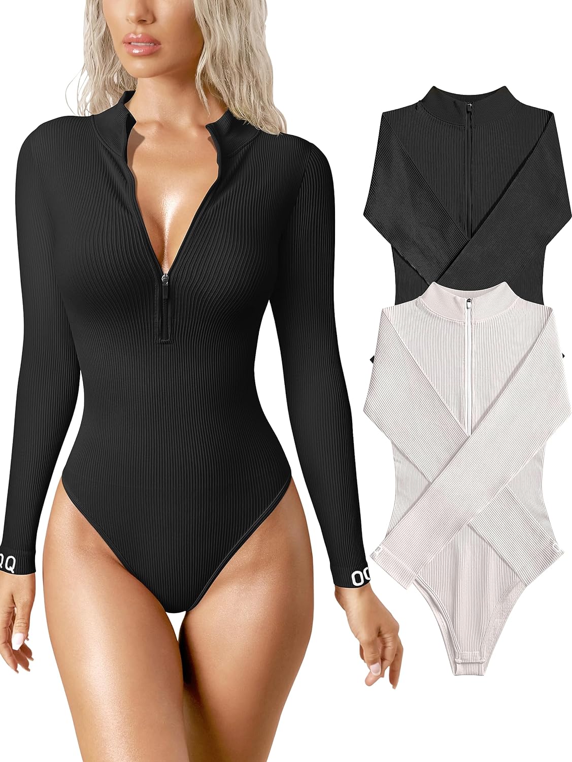 OQQ Women's 2 Piece Bodysuits Sexy Ribbed One Piece Square Neck Long Sleeve  Bodysuits Black Beige at  Women's Clothing store