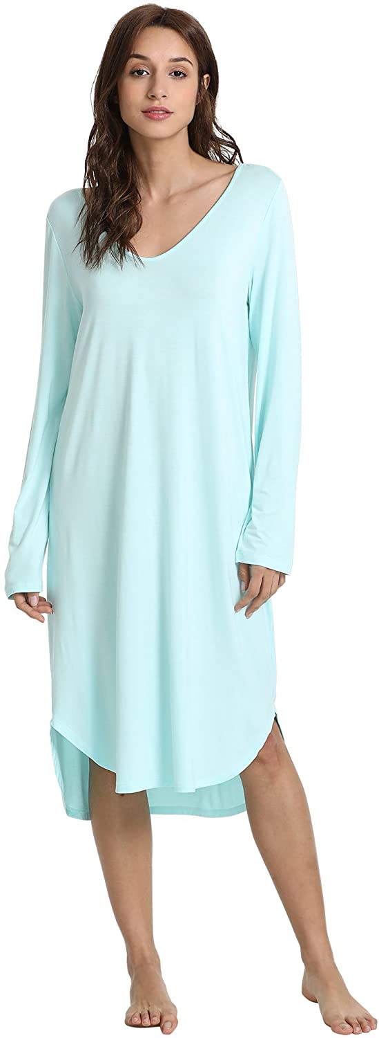WiWi Womens Soft Bamboo Pajamas Long Sleeve Nightgowns Stretchy ...