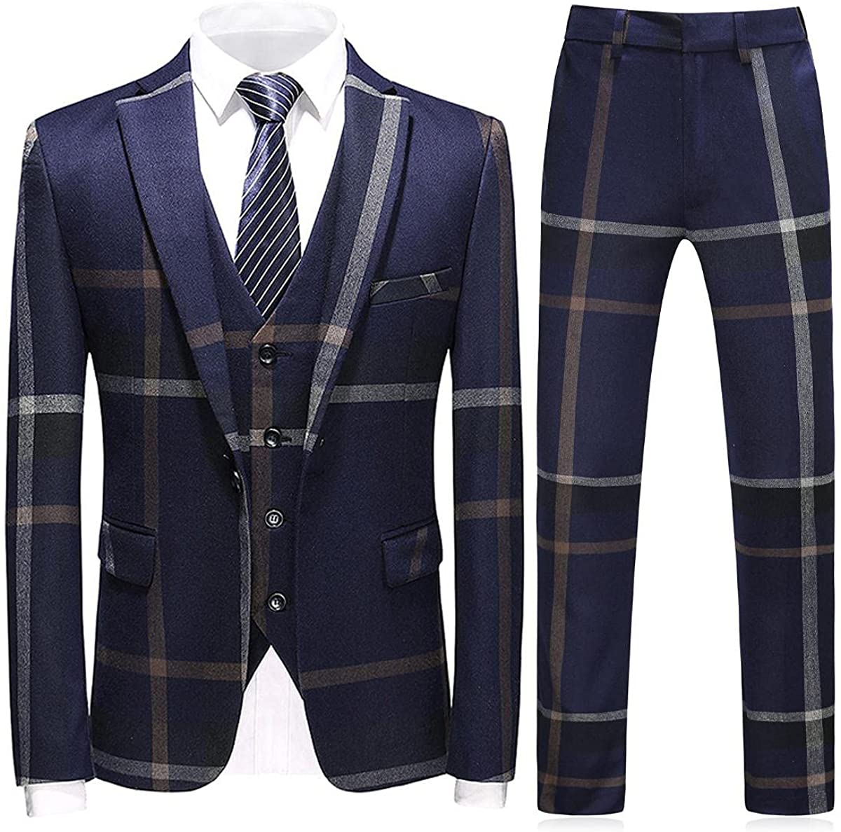 WEEN CHARM Mens 3-Piece Suit Slim Fit Plaid One Button Casual Wedding Blazer Jacket Tux Vest Pants Set 